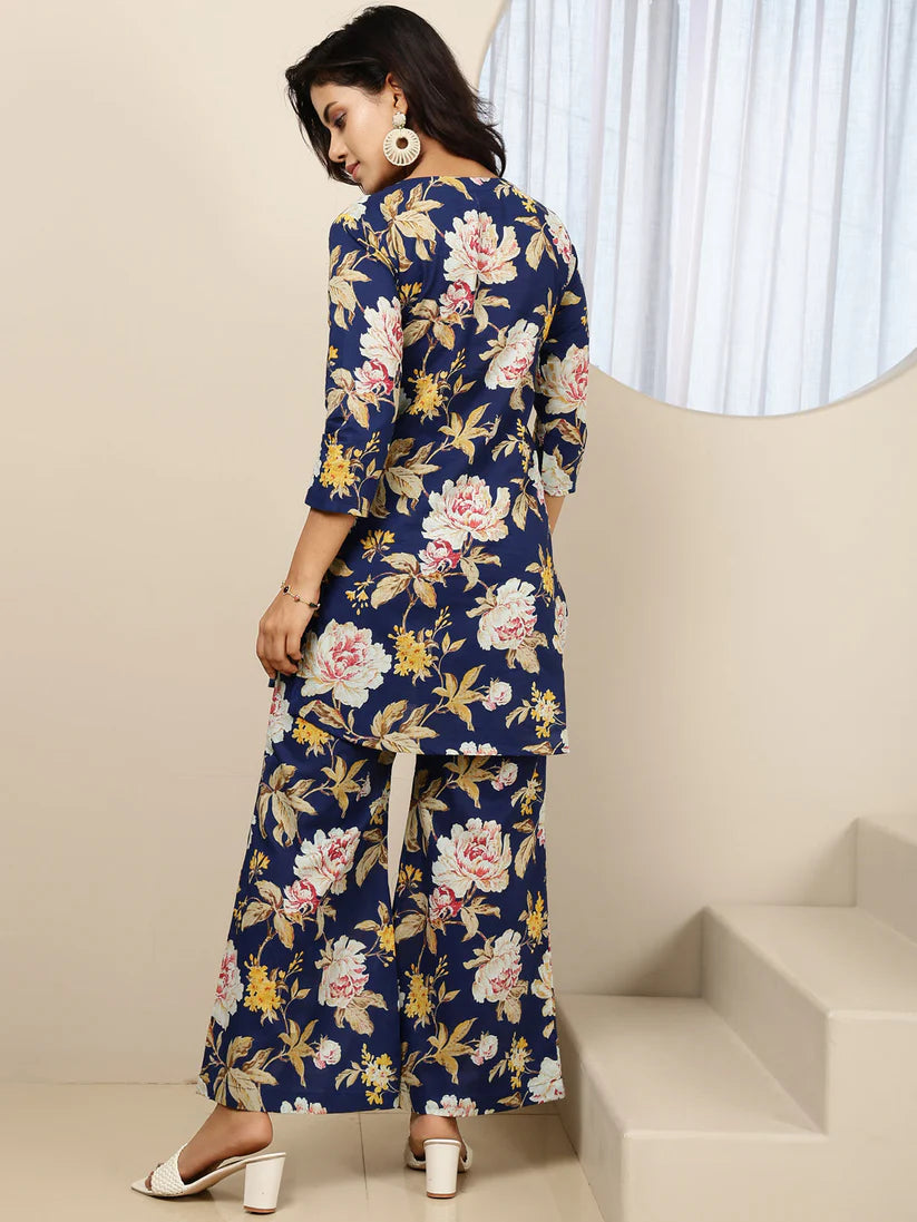 CO-ORDS-Blue Cotton Printed Straight Round Neck