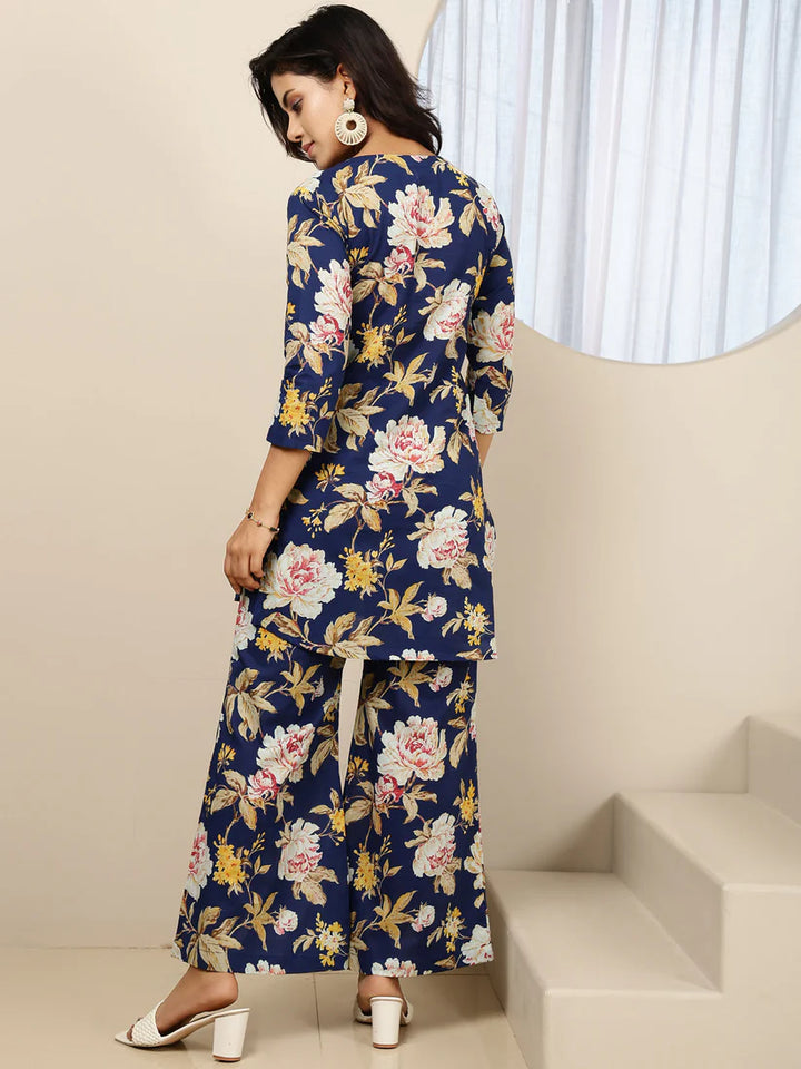 CO-ORDS-Blue Cotton Printed Straight Round Neck