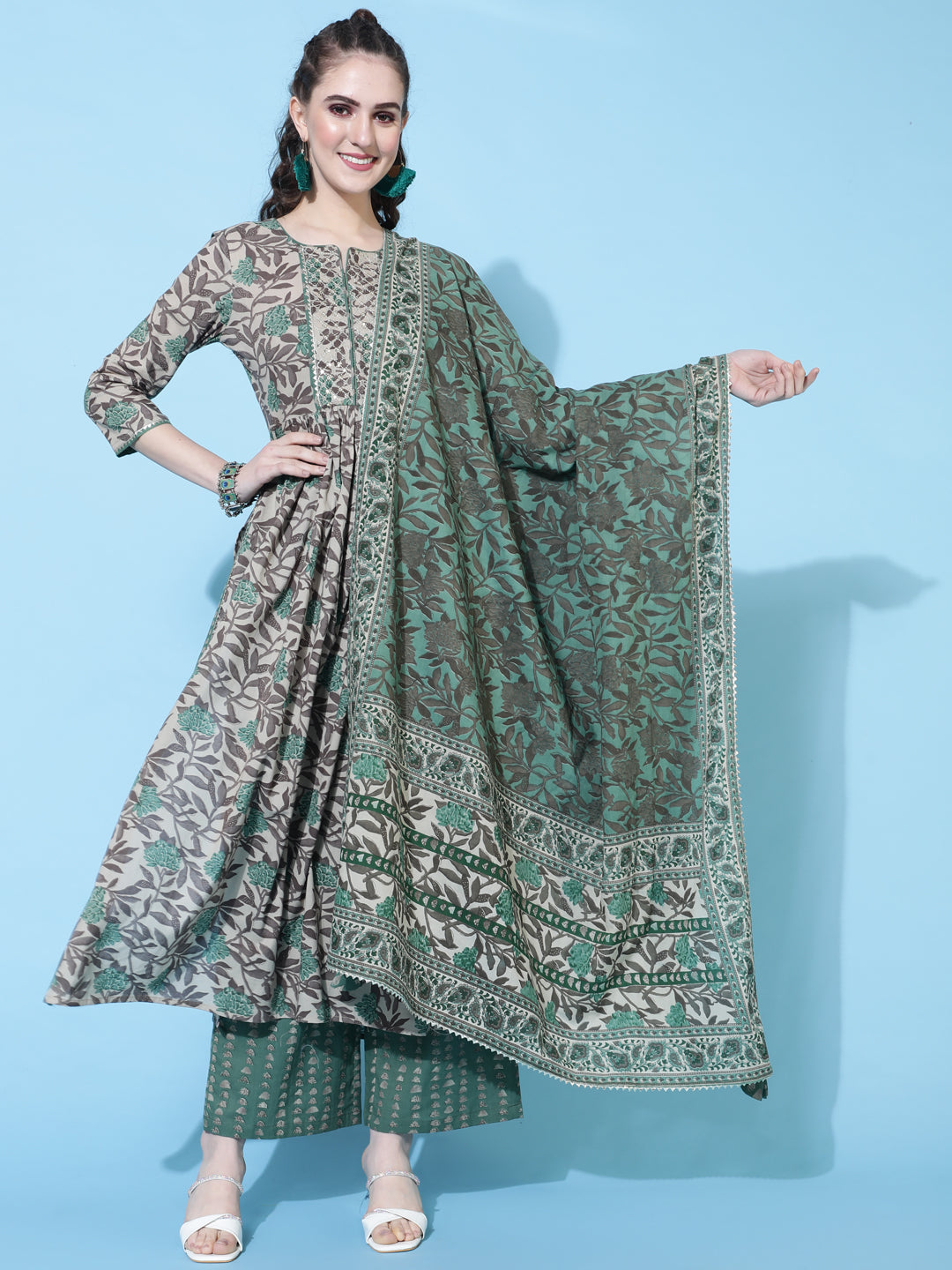 DUPATTA SET - BROWN, COTTON CALF LENGTH PRINTED SEMI-FLARED