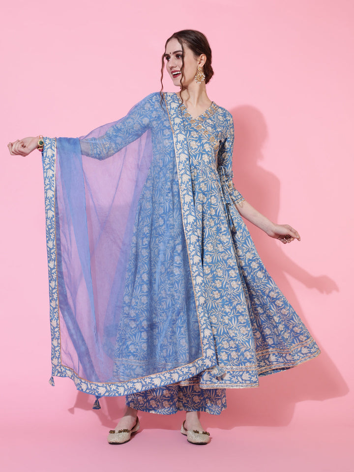 DUPATTA SET - BLUE, COTTON PRINTED FLARED