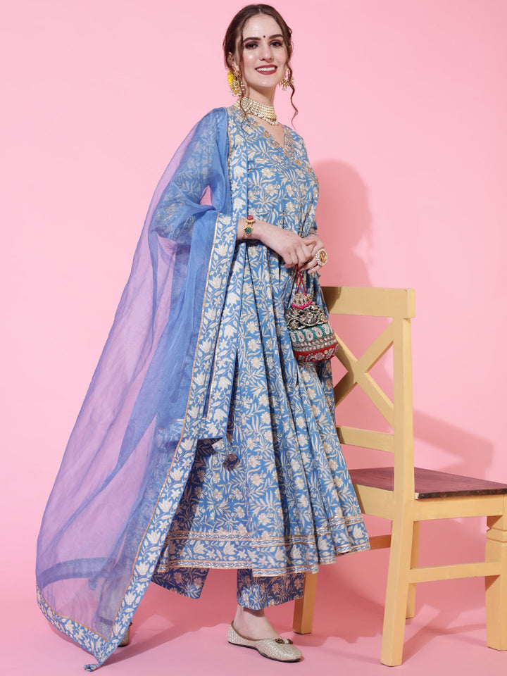 DUPATTA SET - BLUE, COTTON PRINTED FLARED