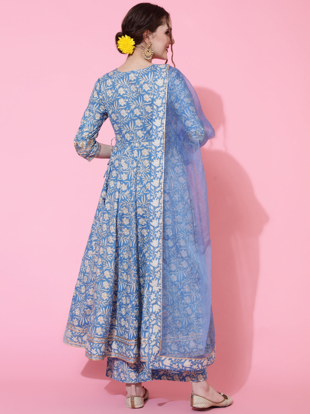 DUPATTA SET - BLUE, COTTON PRINTED FLARED