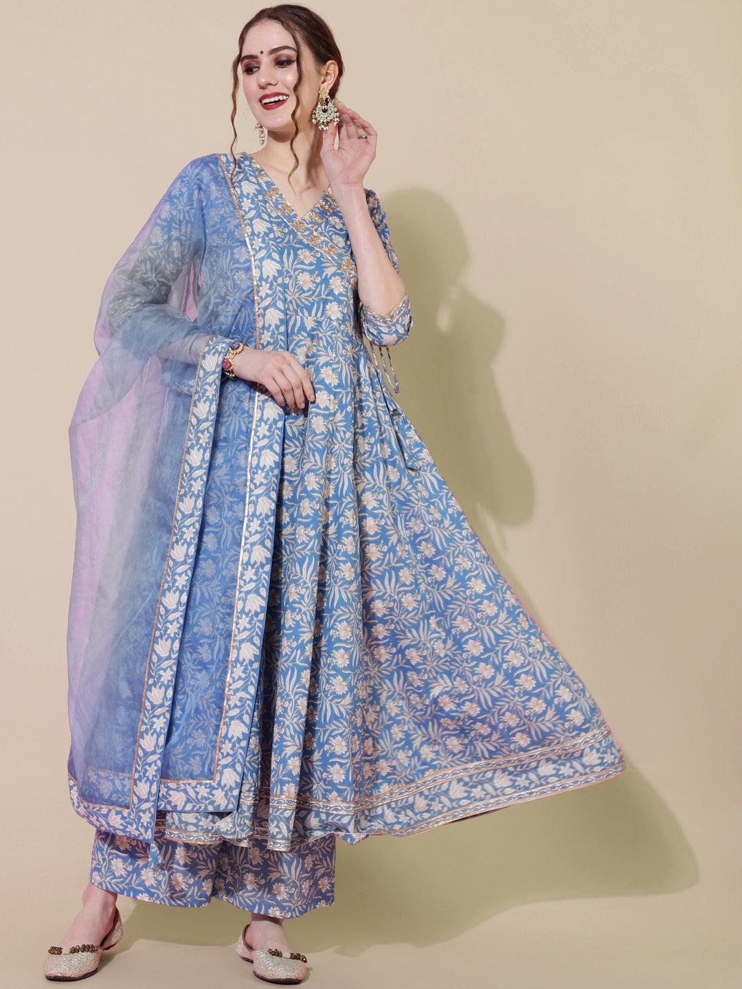 DUPATTA SET - BLUE, COTTON PRINTED FLARED