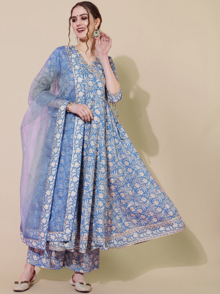 DUPATTA SET - BLUE, COTTON PRINTED FLARED