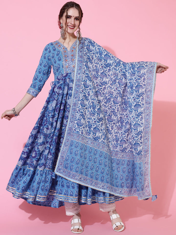 DUPATTA SET - BLUE, COTTON PRINTED FLARED