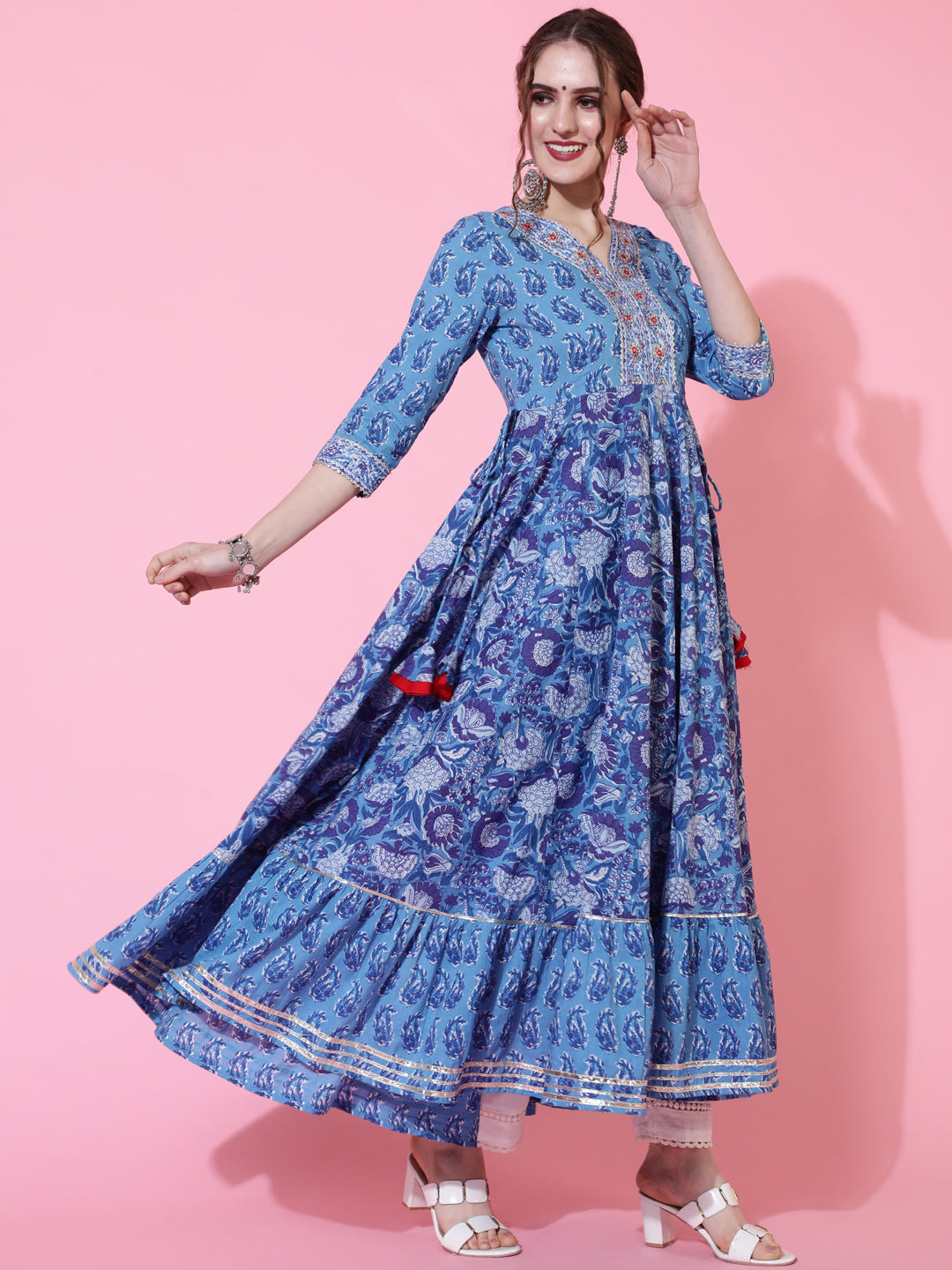 DUPATTA SET - BLUE, COTTON PRINTED FLARED