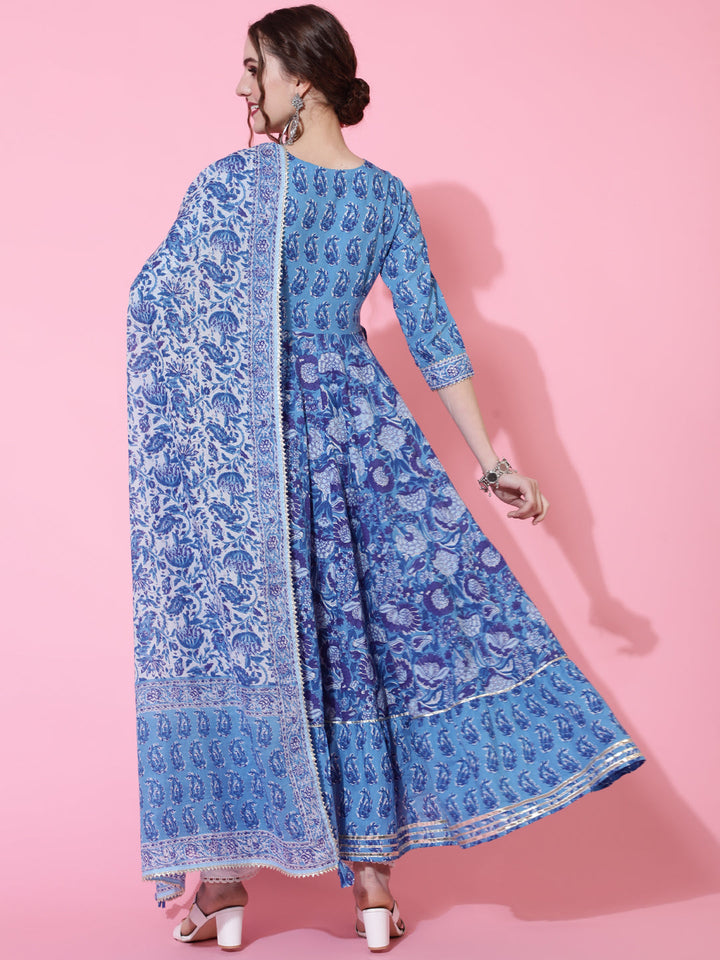 DUPATTA SET - BLUE, COTTON PRINTED FLARED