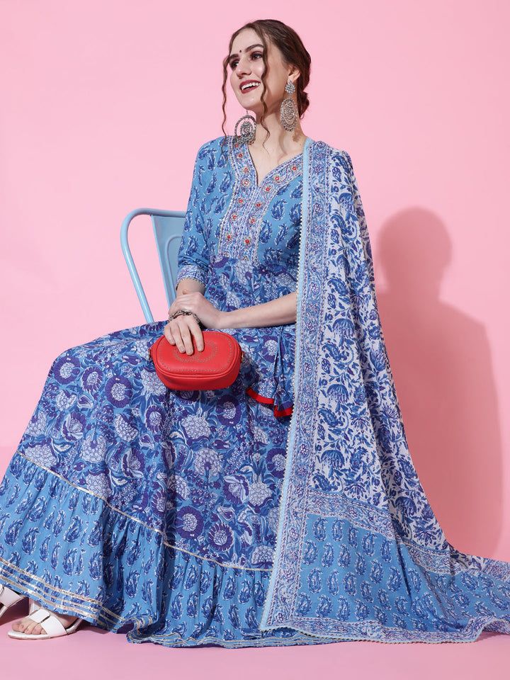 DUPATTA SET - BLUE, COTTON PRINTED FLARED