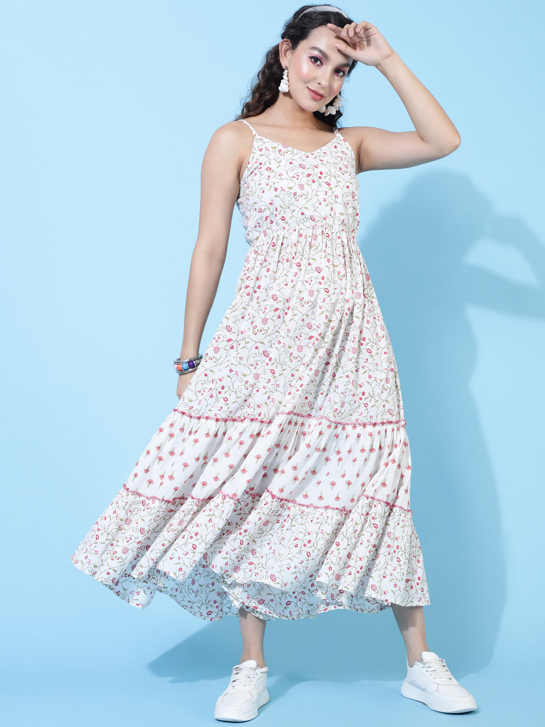 DRESS - WHITE, COTTON CALF LENGTH PRINTED FLARED