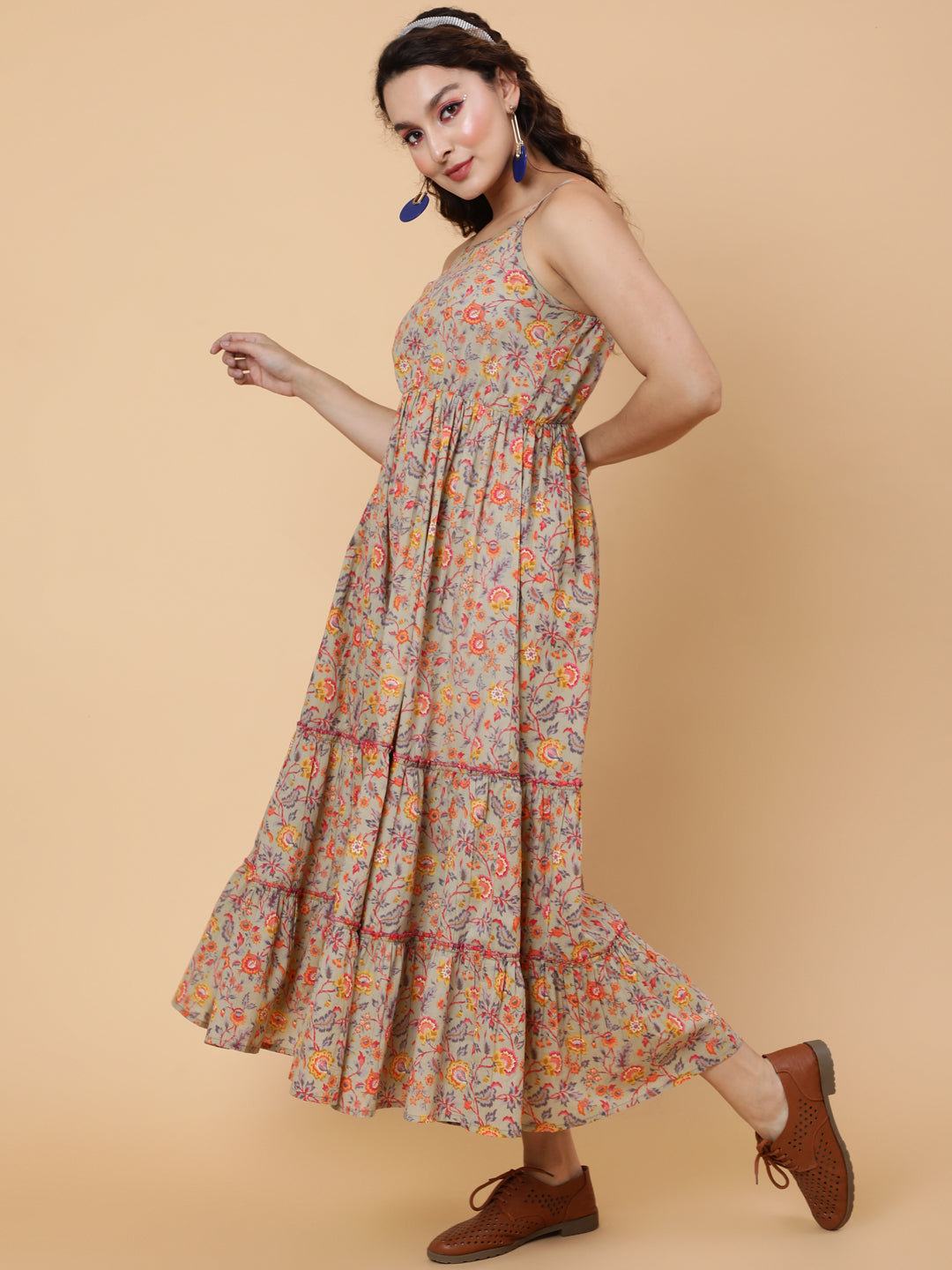 DRESS - BEIGE, COTTON CALF LENGTH PRINTED FLARED