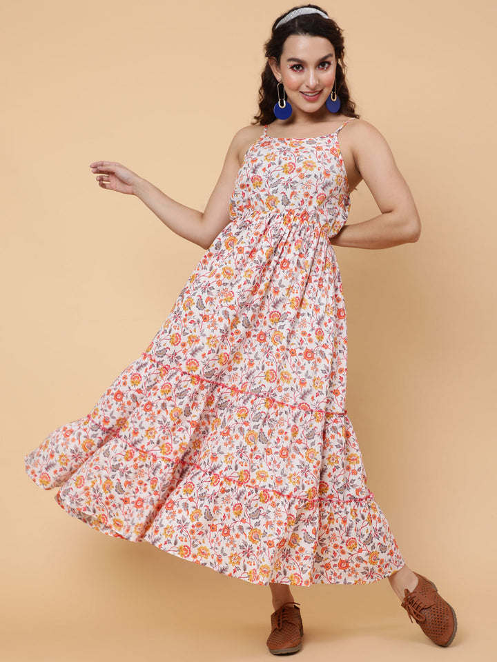 DRESS-Cotton calf length printed flared strappy