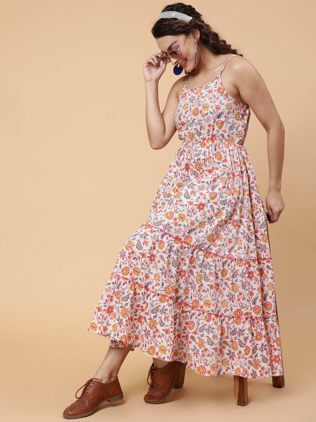 DRESS-Cotton calf length printed flared strappy