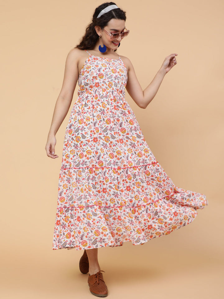 DRESS-Cotton calf length printed flared strappy