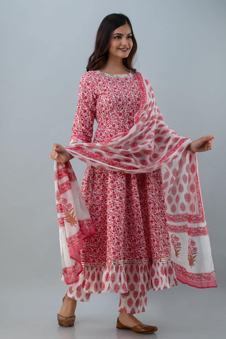 DUPATTA SET - Printed Flared Calf Length Pink colored Cotton Kurta Set