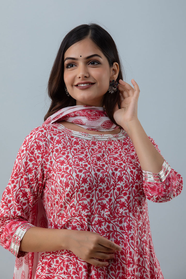 DUPATTA SET - Printed Flared Calf Length Pink colored Cotton Kurta Set