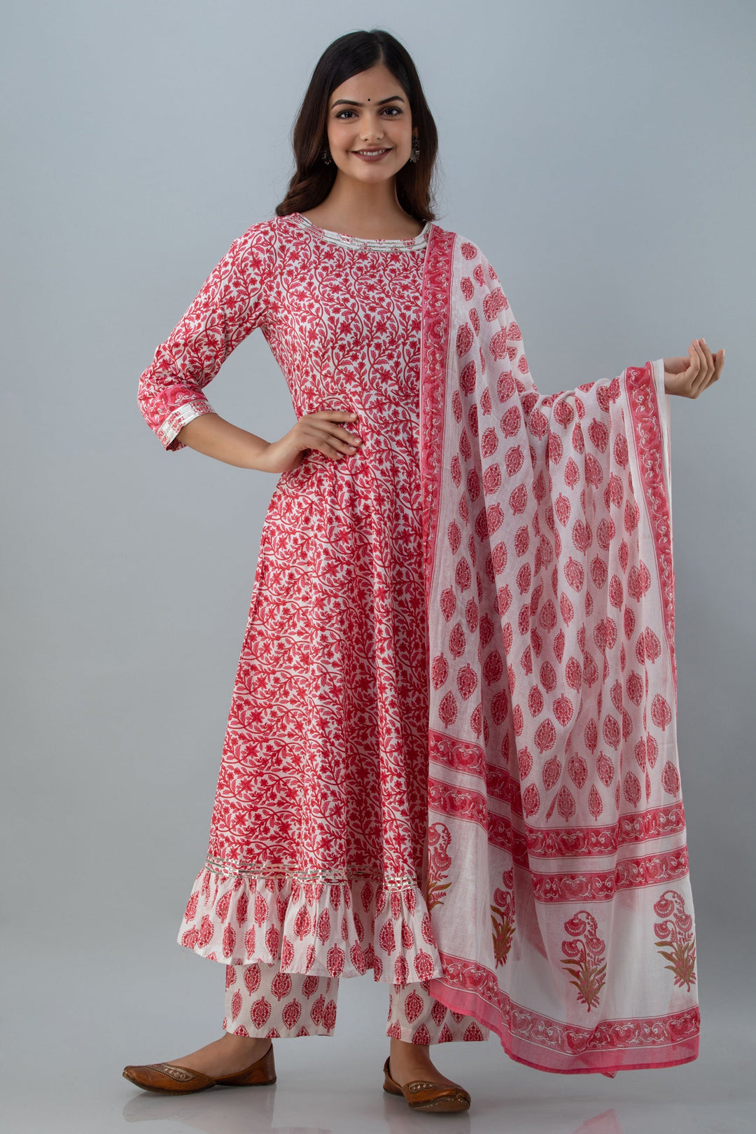 DUPATTA SET - Printed Flared Calf Length Pink colored Cotton Kurta Set