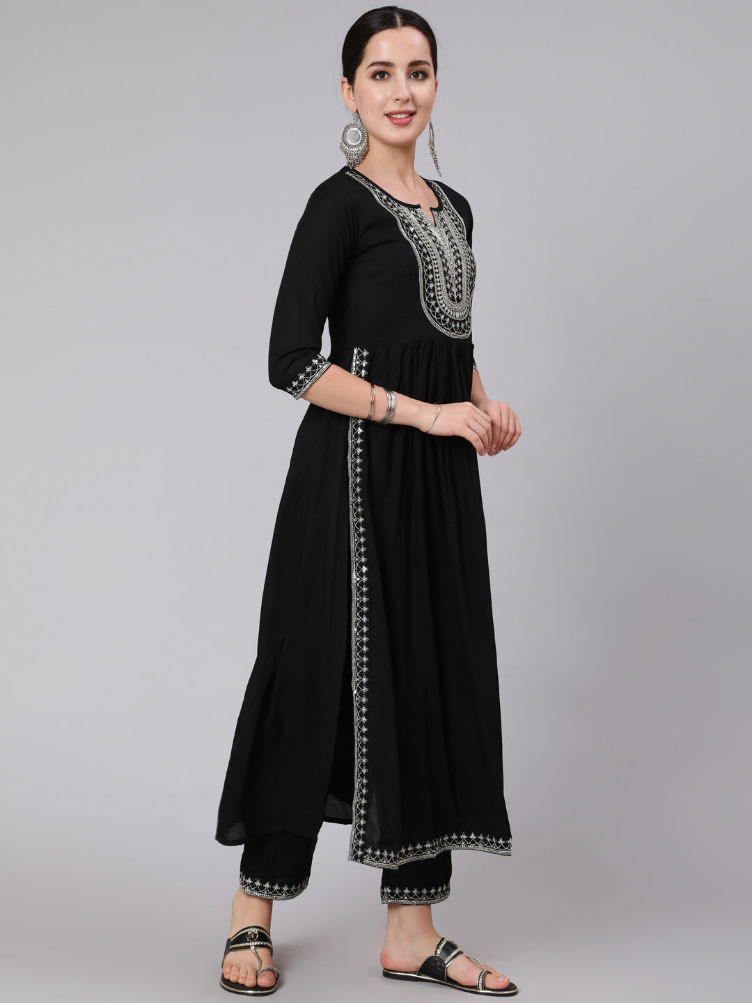 KURTA PANT - Embroidered Flared 3/4 Sleeve Round Neck Kurta Set (Black)