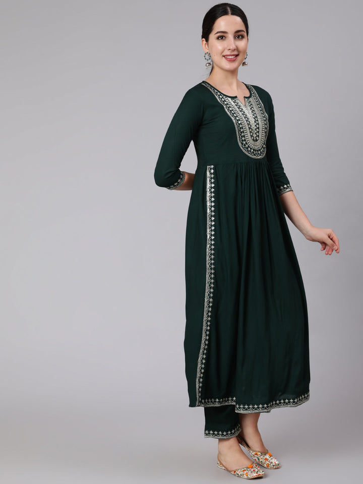 KURTA PANT - Embroidered Flared 3/4 Sleeve Round Neck Kurta Set (Bottle Green)