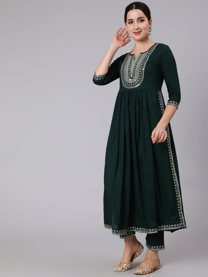 KURTA PANT - Embroidered Flared 3/4 Sleeve Round Neck Kurta Set (Bottle Green)