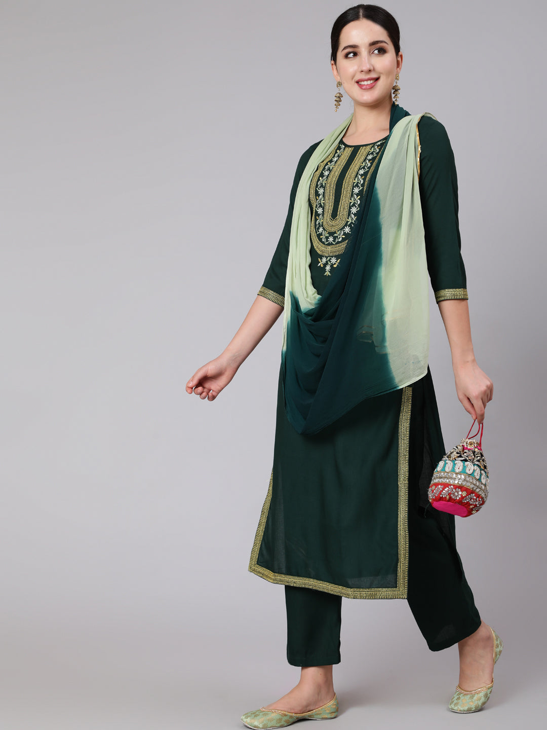 DUPATTA SET - Embroidered Straight 3/4 Sleeve Round Neck Kurta with Dupatta