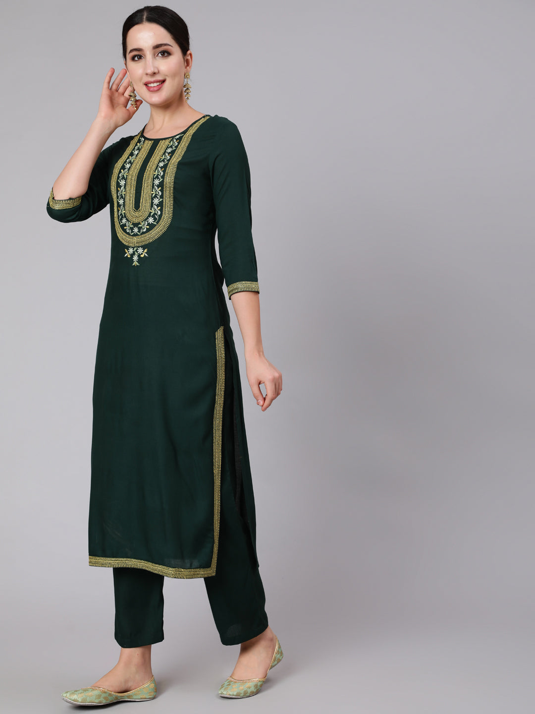 DUPATTA SET - Embroidered Straight 3/4 Sleeve Round Neck Kurta with Dupatta