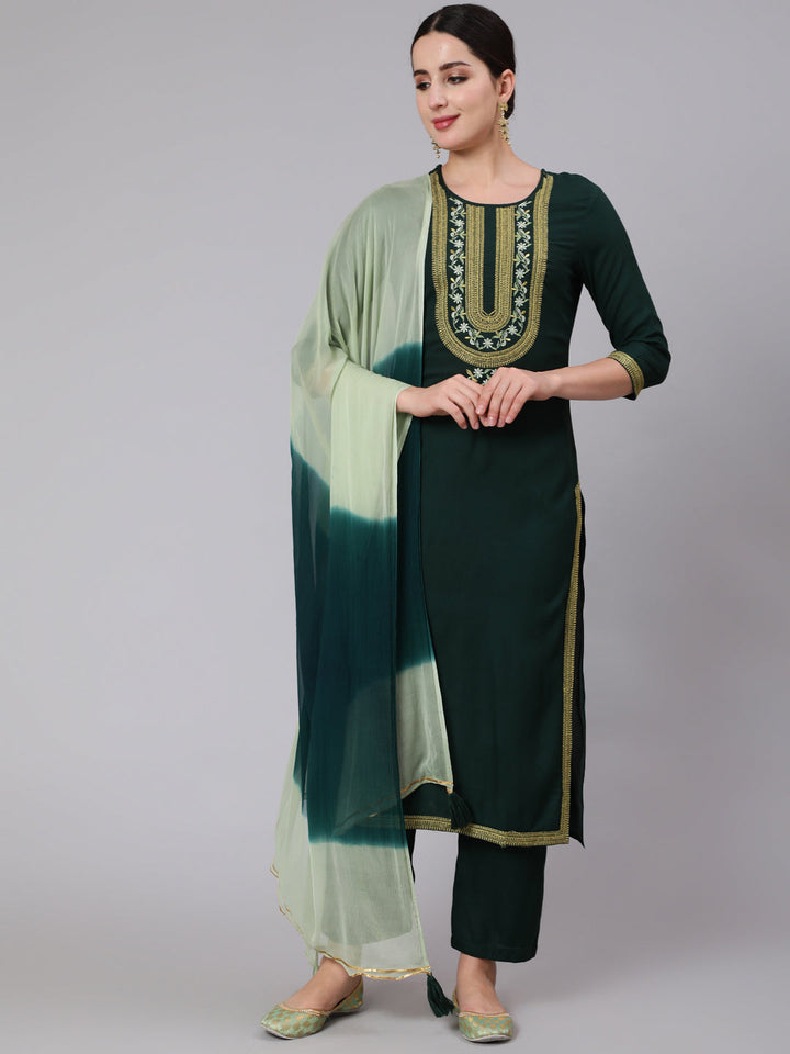 DUPATTA SET - Embroidered Straight 3/4 Sleeve Round Neck Kurta with Dupatta