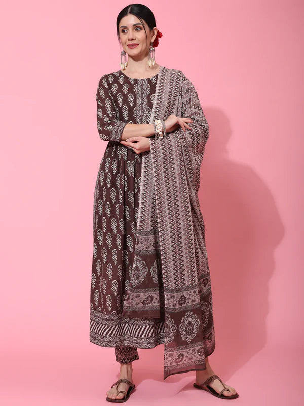 DUPATTA SET - BROWN, COTTON CALF LENGTH PRINTED FLARED