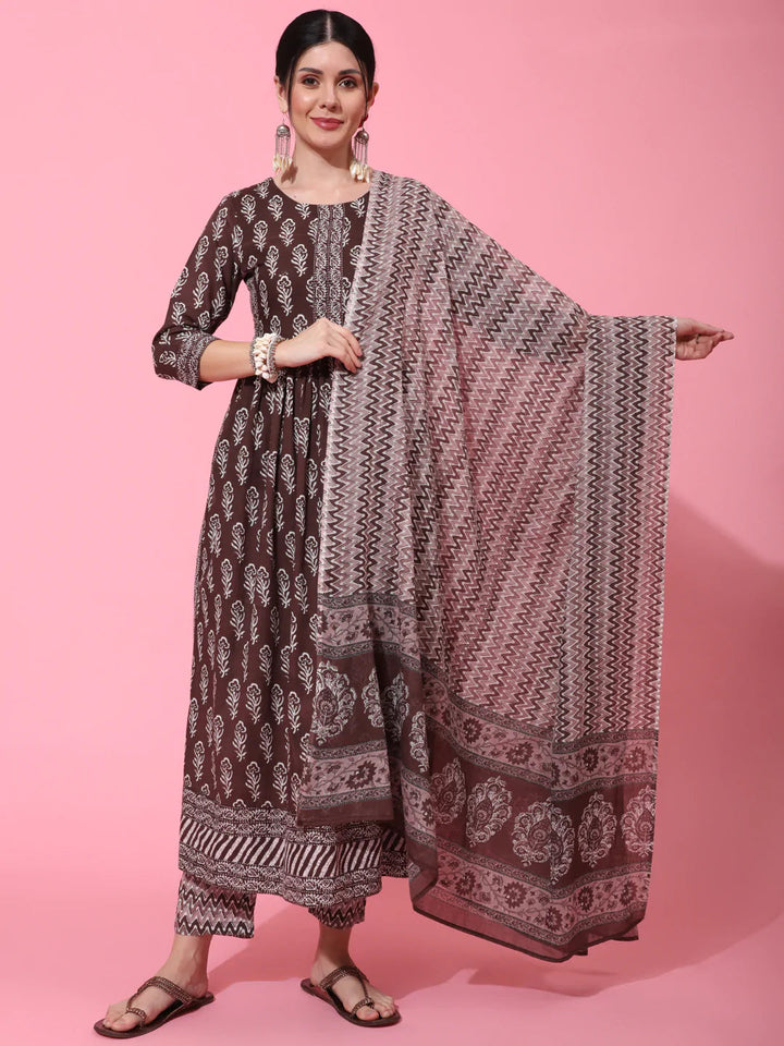 DUPATTA SET - BROWN, COTTON CALF LENGTH PRINTED FLARED