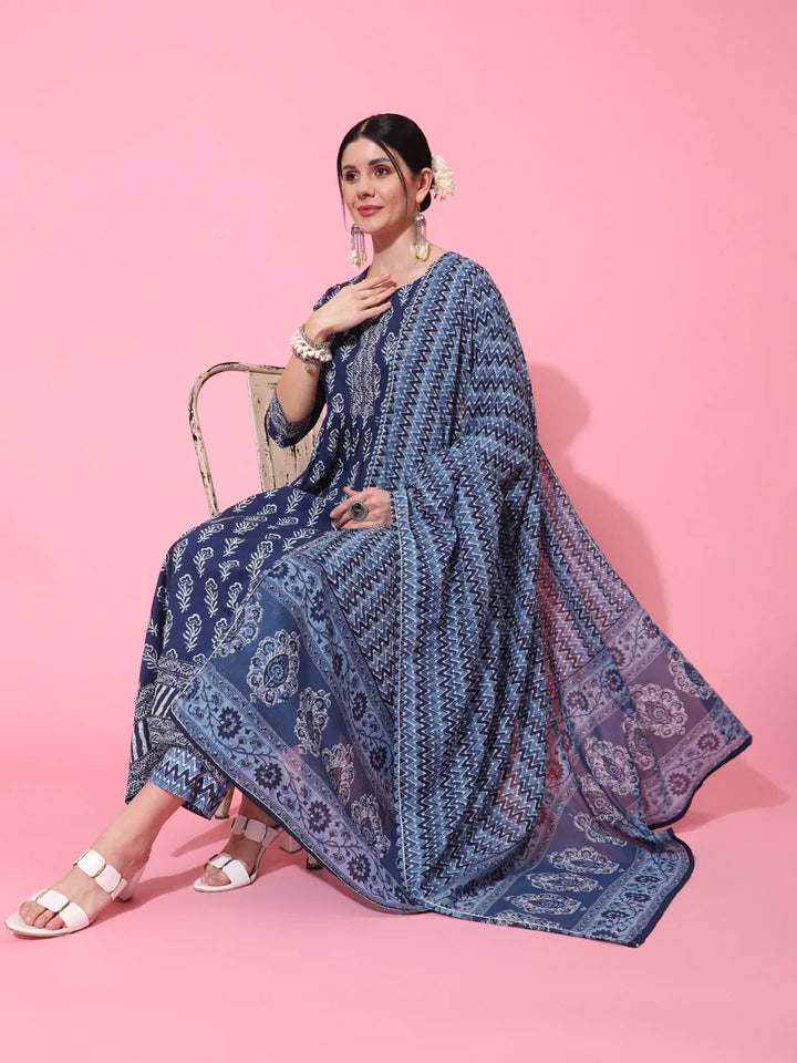 DUPATTA SET - INDIGO, COTTON CALF LENGTH PRINTED FLARED