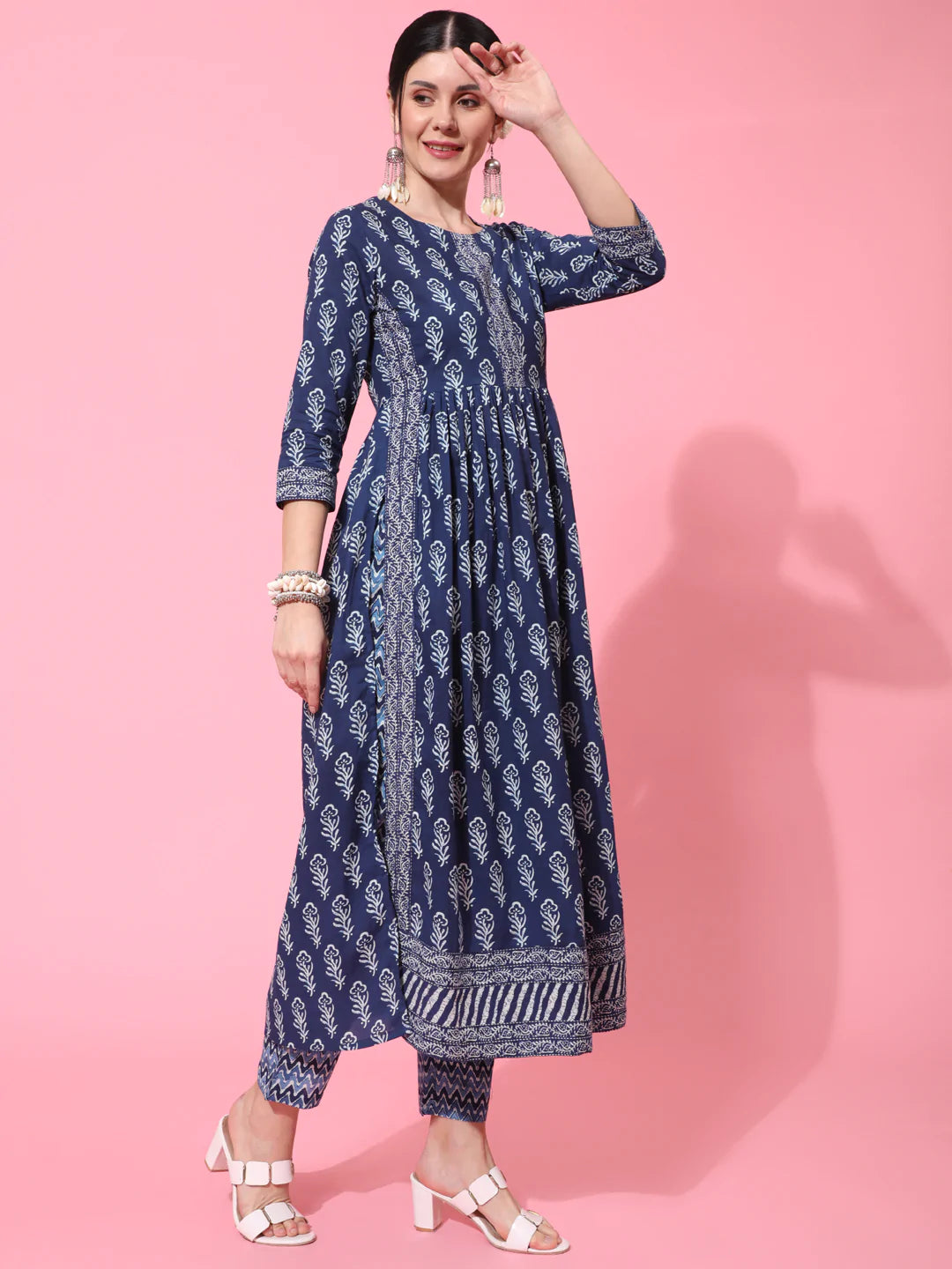 DUPATTA SET - INDIGO, COTTON CALF LENGTH PRINTED FLARED