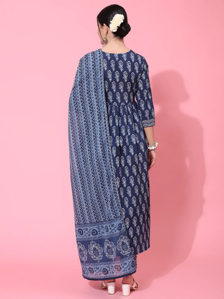 DUPATTA SET - INDIGO, COTTON CALF LENGTH PRINTED FLARED