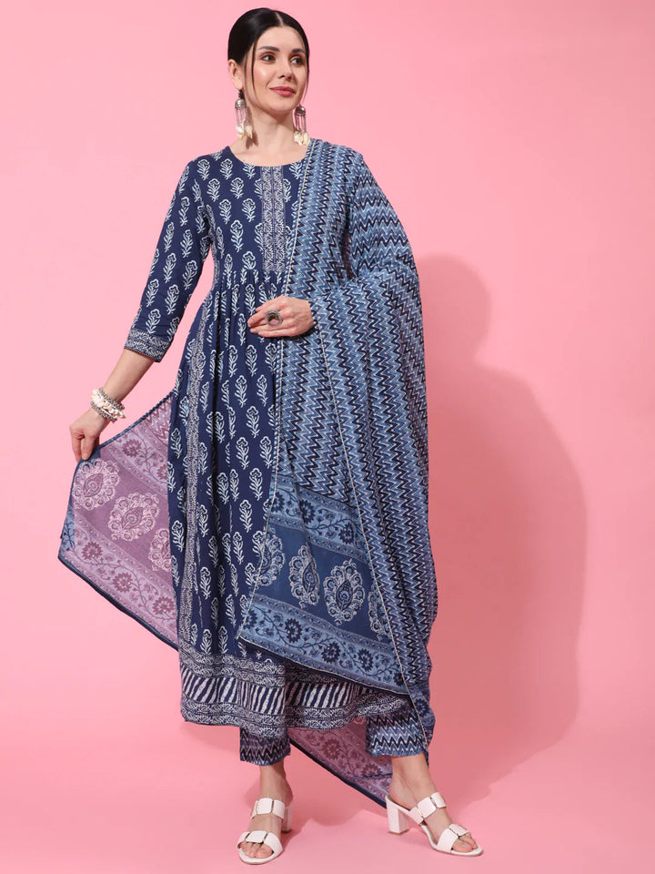 DUPATTA SET - INDIGO, COTTON CALF LENGTH PRINTED FLARED