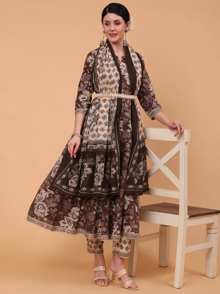 DUPATTA SET - BROWN, COTTON CALF LENGTH PRINTED FLARED