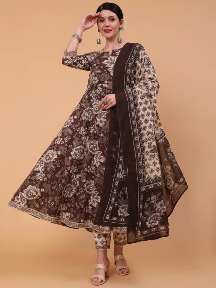 DUPATTA SET - BROWN, COTTON CALF LENGTH PRINTED FLARED