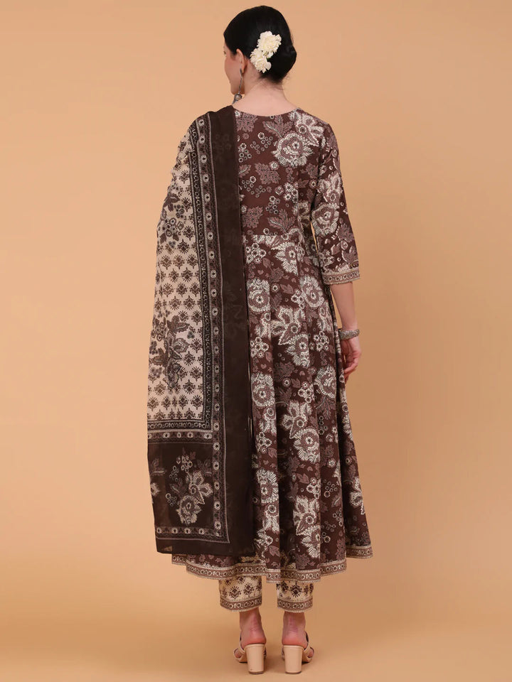 DUPATTA SET - BROWN, COTTON CALF LENGTH PRINTED FLARED