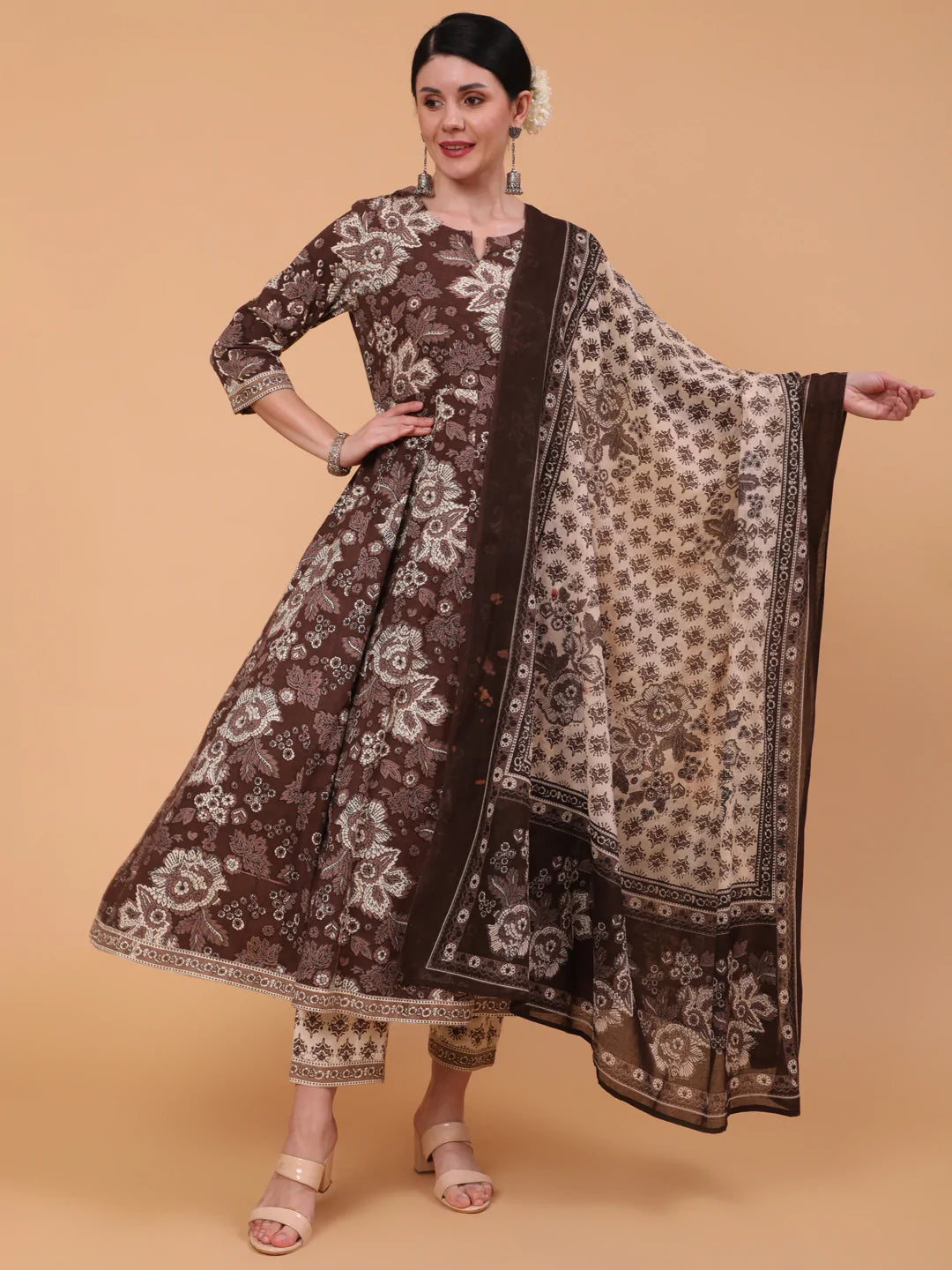 DUPATTA SET - BROWN, COTTON CALF LENGTH PRINTED FLARED