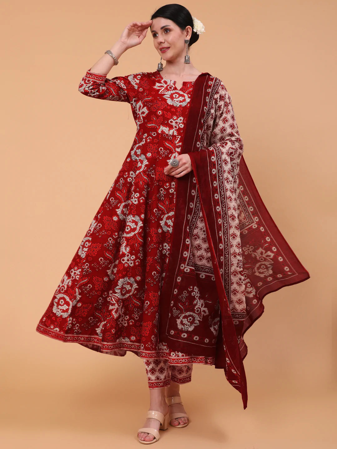 DUPATTA SET - Printed Flared 3/4 Sleeve Round Neck Kurta Bottom Dupatta Set