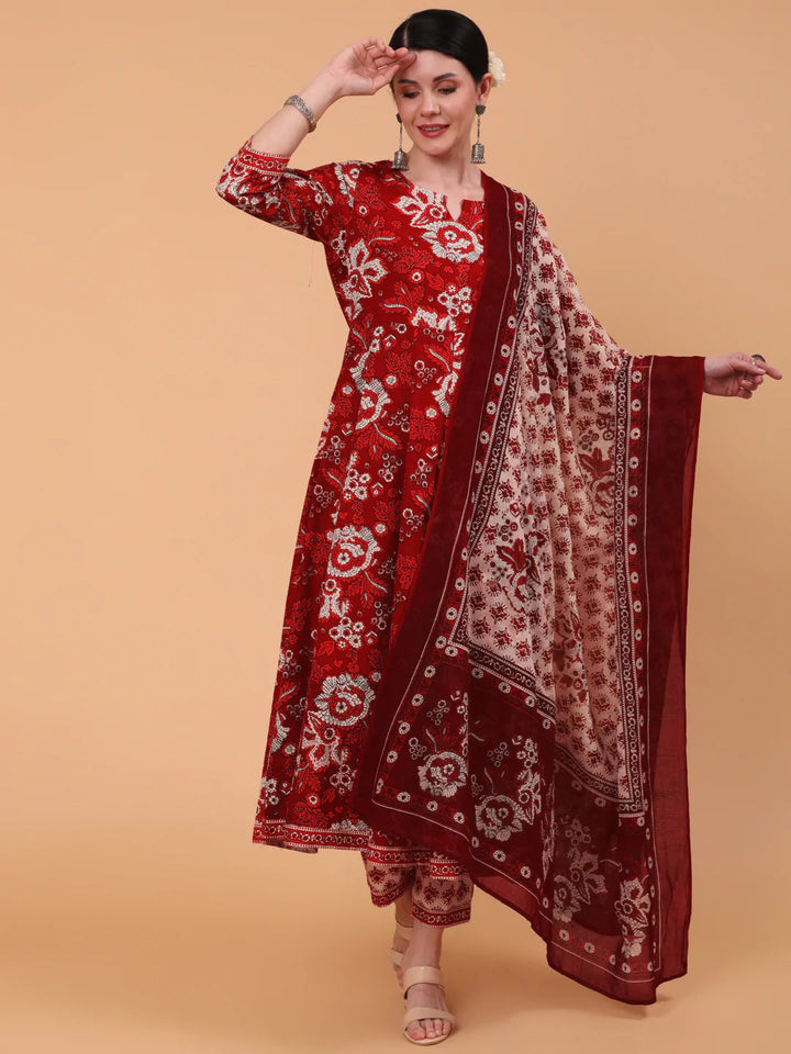 DUPATTA SET - Printed Flared 3/4 Sleeve Round Neck Kurta Bottom Dupatta Set