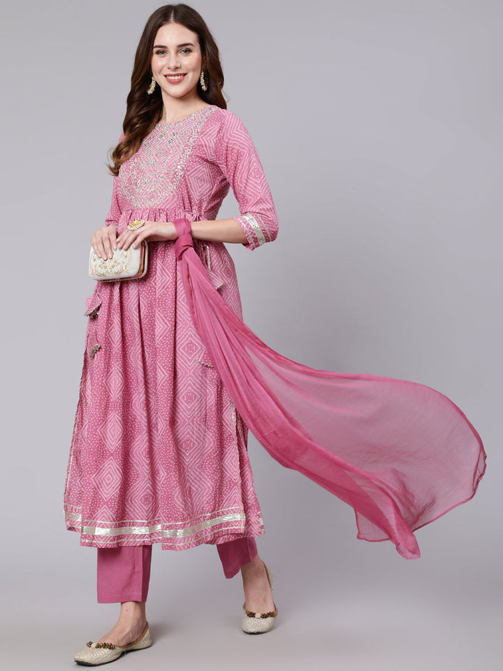 DUPATTA SET - PINK, COTTON CALF LENGTH PRINTED SAMI FLARED