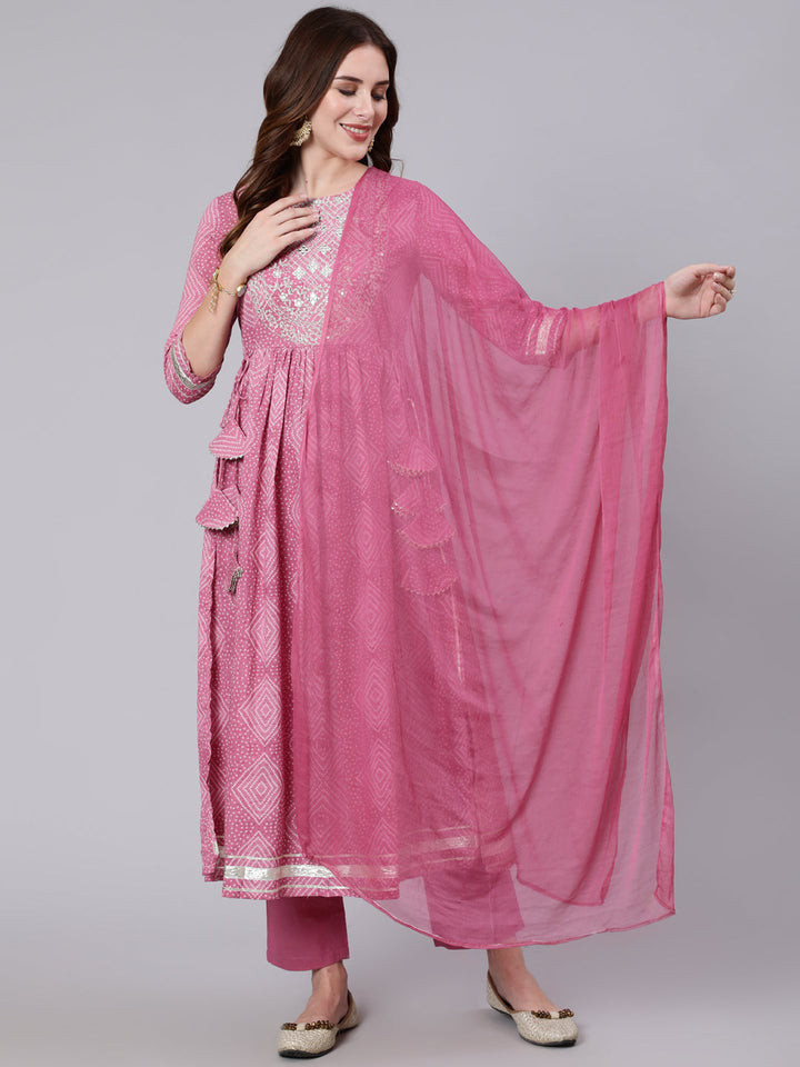 DUPATTA SET - PINK, COTTON CALF LENGTH PRINTED SAMI FLARED