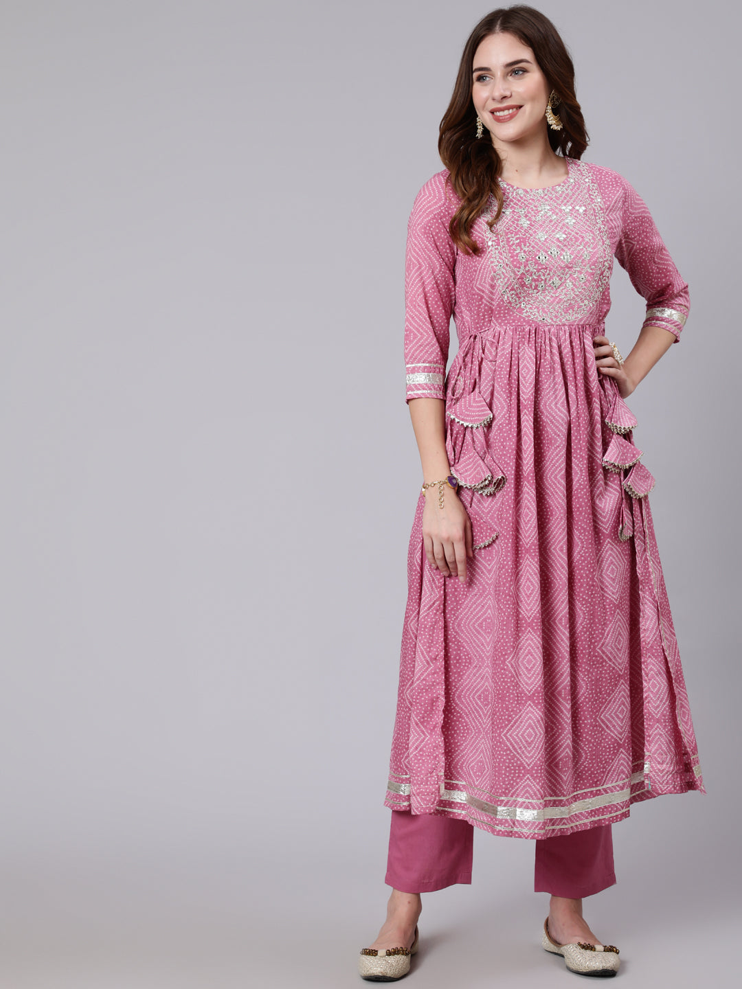 DUPATTA SET - PINK, COTTON CALF LENGTH PRINTED SAMI FLARED