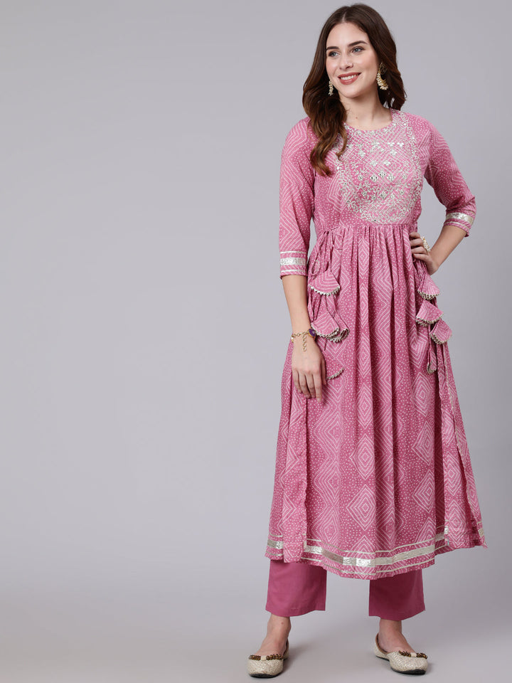 DUPATTA SET - PINK, COTTON CALF LENGTH PRINTED SAMI FLARED