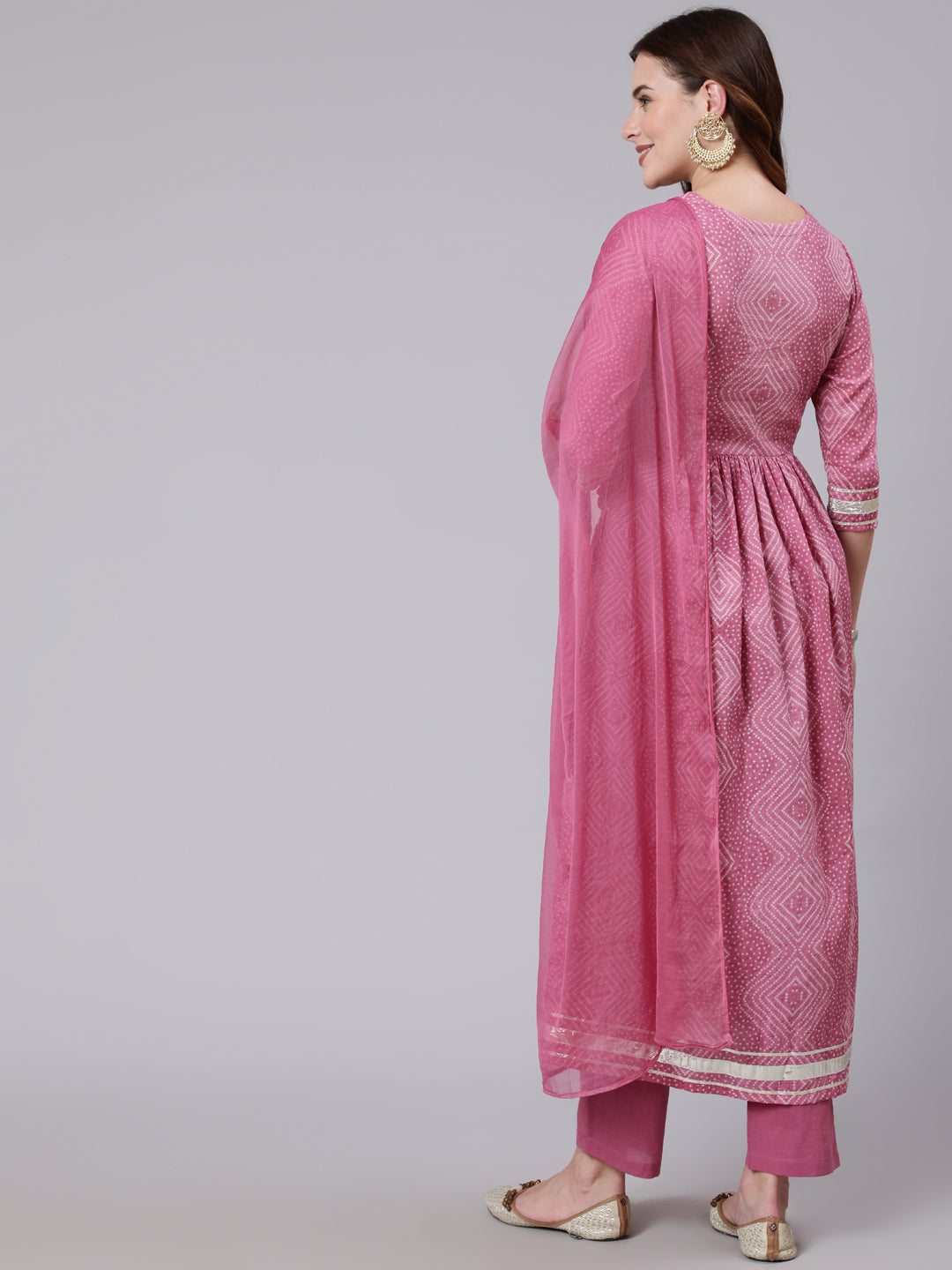 DUPATTA SET - PINK, COTTON CALF LENGTH PRINTED SAMI FLARED