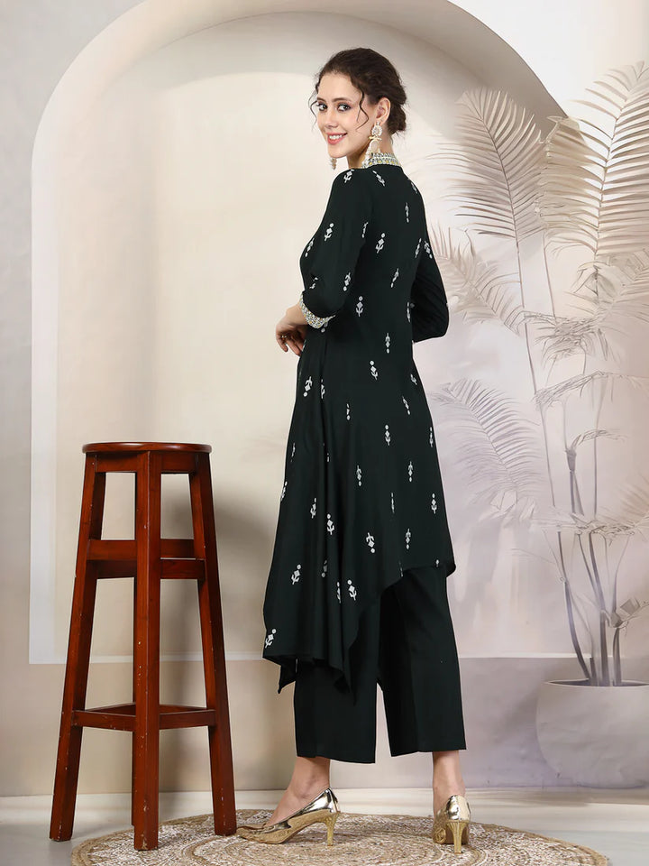 KURTA PANT-Green Rayon Calf Length Printed Asymmetric