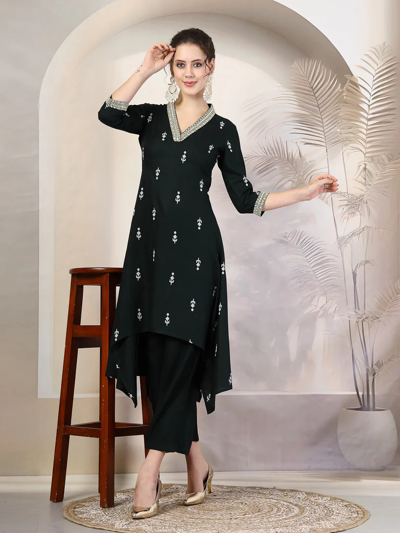 KURTA PANT-Green Rayon Calf Length Printed Asymmetric