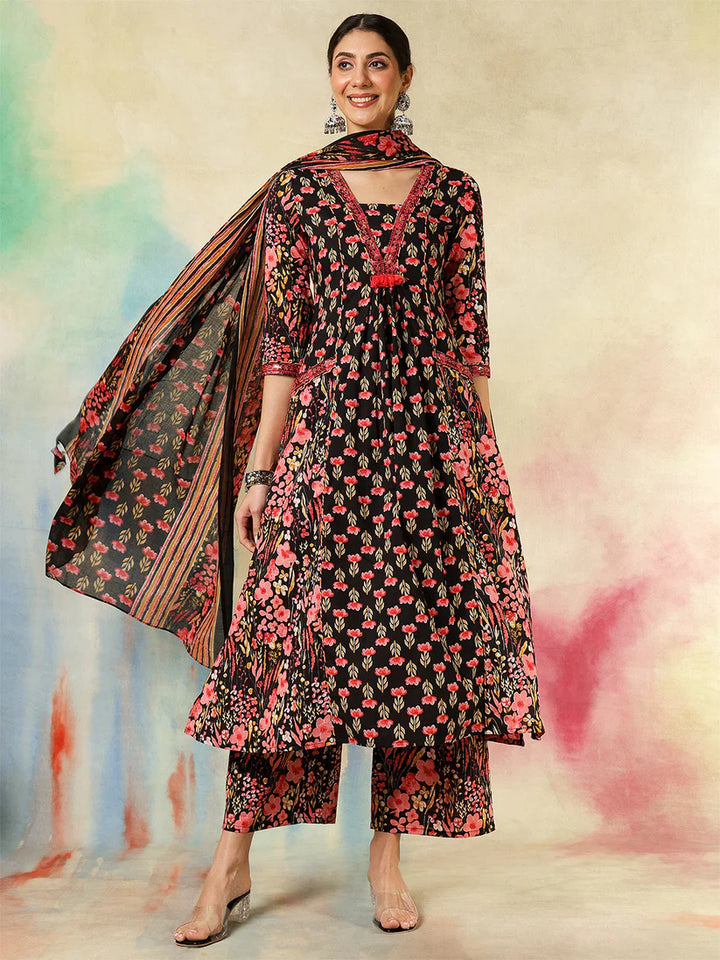 DUPATTA SET-Cotton Calf Length Embroidered Printed