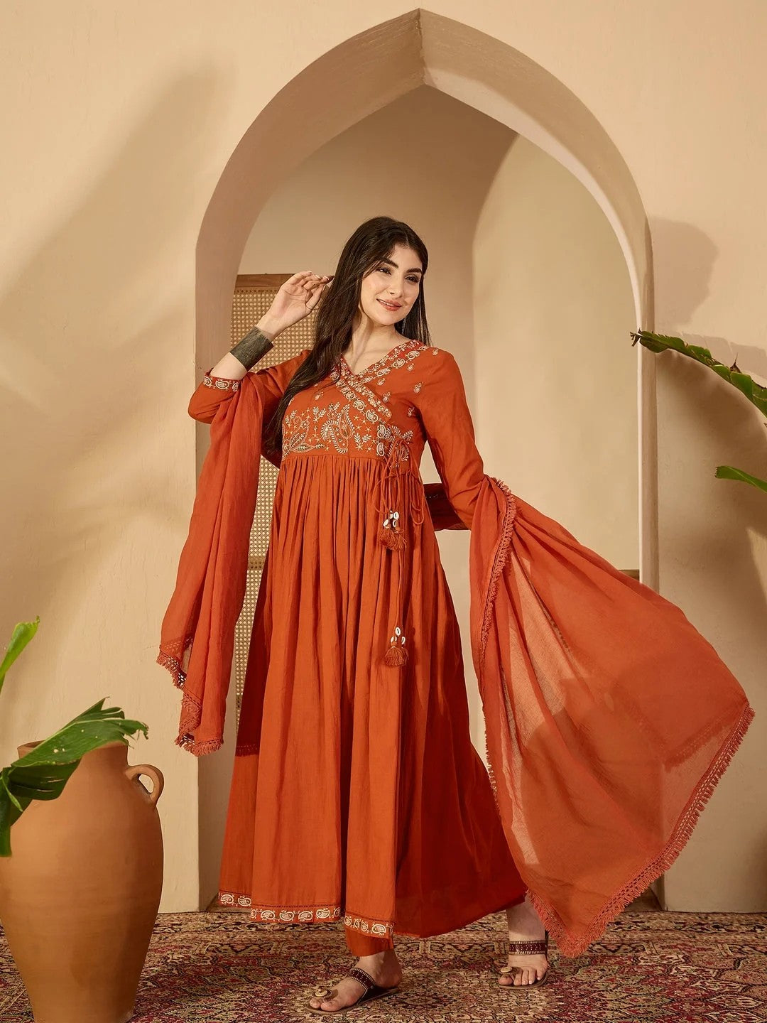 DUPATTA SET-Rust Anarkali Kurta & Palazzo with Dupatta