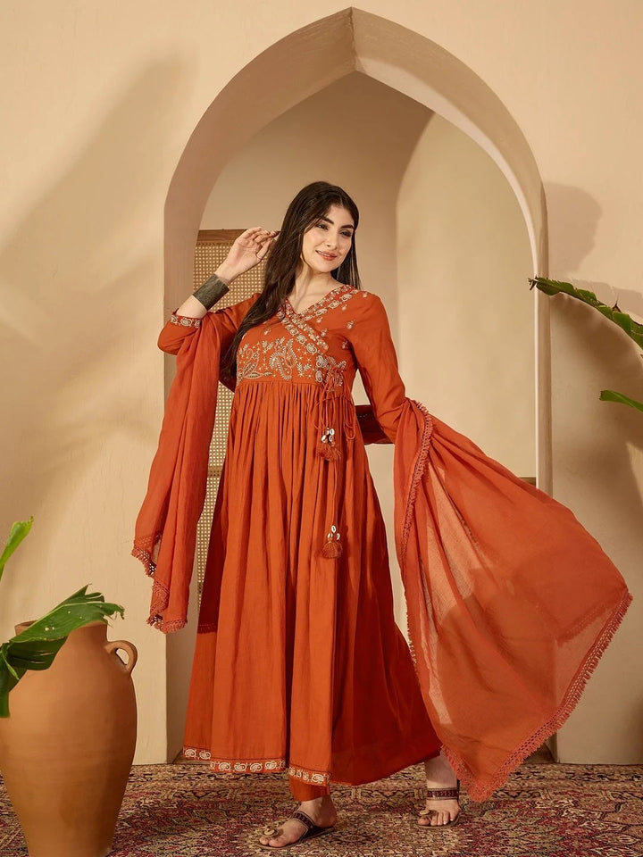 DUPATTA SET-Rust Anarkali Kurta & Palazzo with Dupatta