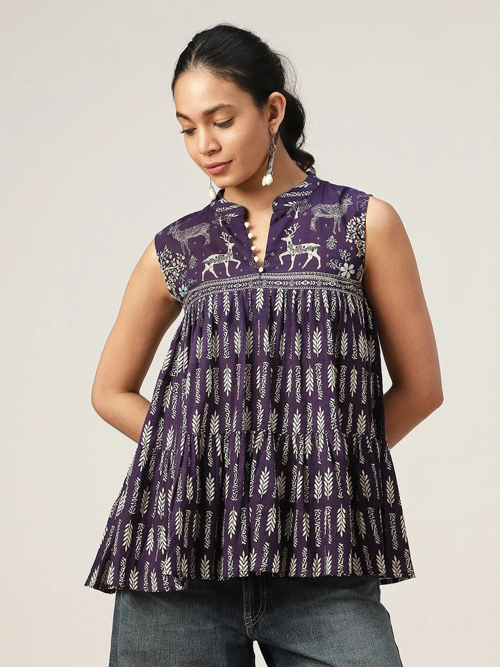 TOP-Prpl Mandarin Collar Printed