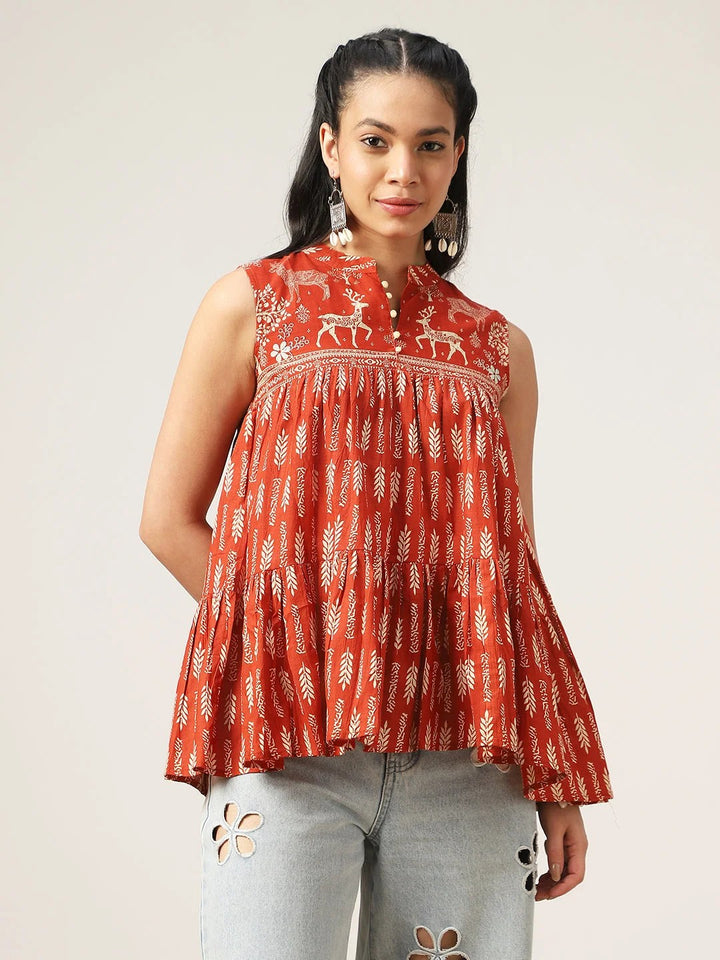 TOP-Rust Mandarin Collar Printed